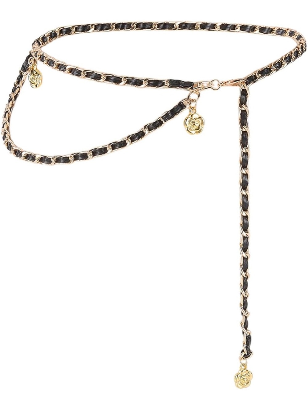 Gold-Trim Black Leather Braided Chain Waist Belt B06-02